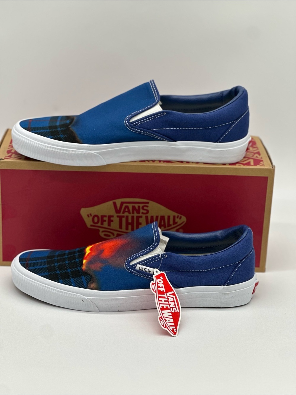 Vans Blue Plaid Slip-On with Flame Graphic